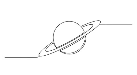 Minimalist Saturn line art, planet with rings, cosmic drawing, white background © Azizi