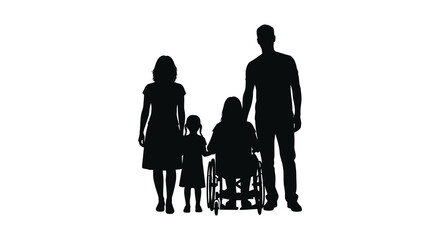 A family of four including a child in a wheelchair stands together in a striking black silhouette © jivect02