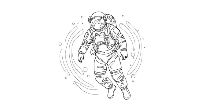 Astronaut Floating in Space with Swirling Nebula - Line Art Illustration