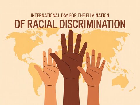 International day for the elimination of racial discrimination with hands raised in solidarity on a world map background
