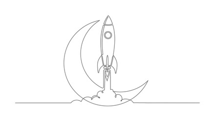 Rocket Launching Moon Crescent Line Art