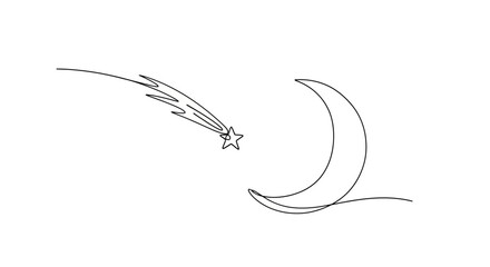 Minimalist one line drawing of a shooting star and crescent moon © Azizi