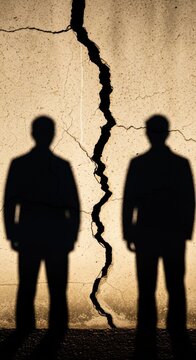 Shadows of Two Figures Against Cracked Wall in Dramatic Lighting