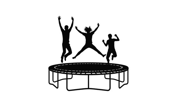 Black silhouette illustration of three people jumping together on a circular outdoor trampoline