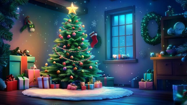 Colorful decorations and gifts complement a beautiful holiday scene.