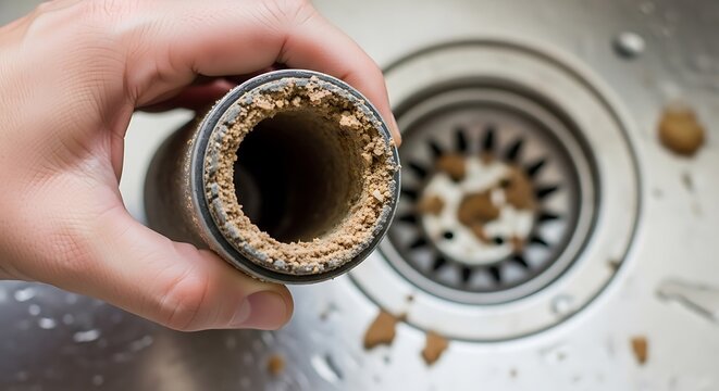 A hand holding a clogged pipe over a dirty sink drain with visible debris and limescale buildup