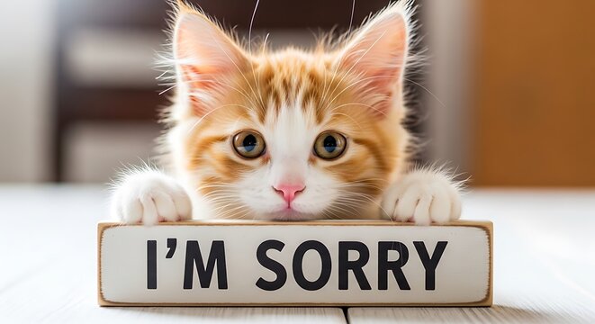 A cute orange kitten with a sign that says I'm sorry