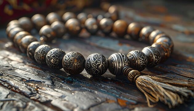 Detailed Close-Up of Intricate Prayer Beads on Textured Surface.