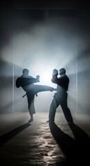 Silhouettes of Two Martial Artists Engaged in Dynamic Combat Training