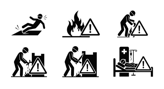 Construction Industrial Hazard Accident and Injury Safety Icons, isolated white background