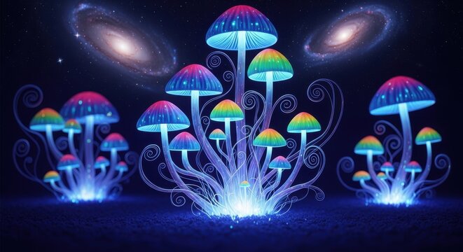 Psychedelic Bioluminescent Mushrooms Glowing in a Cosmic Galaxy Nebula