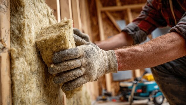 Construction worker installing insulation in a wooden framed wall.