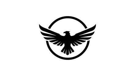 Powerful Black Eagle or Hawk Logo Design, Majestic Bird with Spread Wings in a Circle, isolated white background