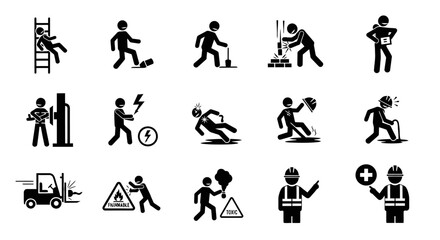 Naklejka premium Collection of Industrial and Workplace Safety Icons, Hazard Warning Signs and Occupational Health Pictograms, isolated white background