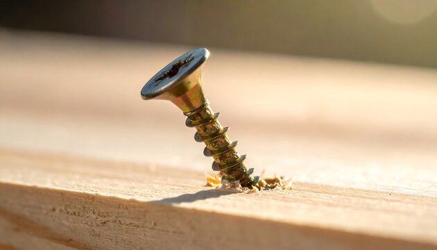 Angled golden screw partially embedded in light wood, with wood shavings visible around the screw