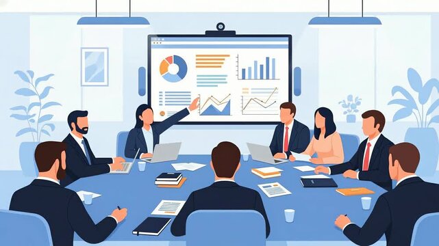 Business professionals attending a meeting with data analysis on a large screen. Team collaboration and strategic discussion in a modern office environment. Flat illustration