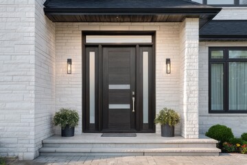Modern residence entrance featuring dark wood grain door and light stacked stone facade