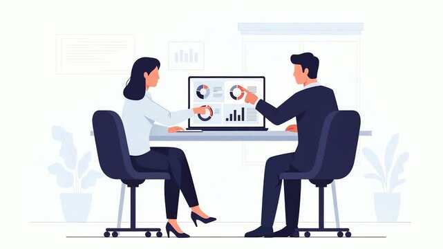 Two business professionals analyzing data on a laptop. Business meeting and financial analysis. Digital workspace and corporate collaboration. Flat illustration animated graphics