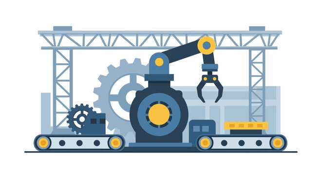Smart Factory Automation: Robotic Arm on Production Line with Gears and Conveyor Belt Illustration