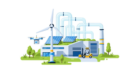 Fototapeta premium Sustainable Smart Factory: Green Energy Production, Automated Logistics, and Eco-friendly Industrial Operations with Solar & Wind Power