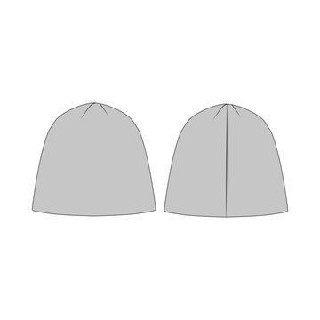 Blank grey beanie hat mockup front and back view flat sketch. Men and women unisex winter headwear tech pack vector template. Isolated apparel design layout for fashion illustration.