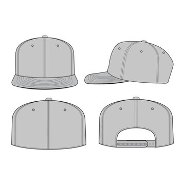 Blank grey snapback baseball cap mockup vector flat sketch template. Front, back, side multi-angle views. Technical fashion design tech pack illustration for headwear apparel branding.