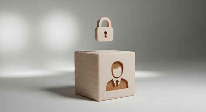 Wooden cube with a face and floating padlock symbolizes data privacy