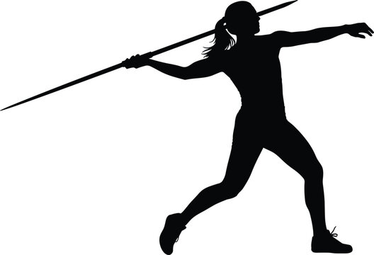 Female javelin throw athlete silhouette isolated on white background, track and field sport action, woman throwing spear vector illustration