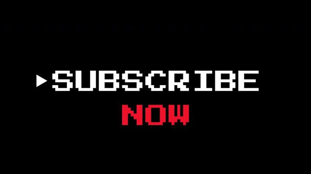 Subscribe now button pixel art retro transparent suitable for social media calls to action, video overlays, and gaming content.
