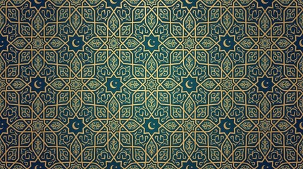 Elegant Islamic geometric pattern featuring crescent moon and star motifs in gold ornamental lines on a deep teal background.