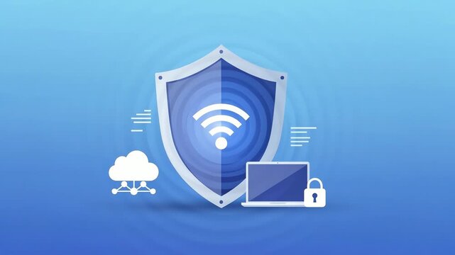 Security shield protecting wireless network connection. Data protection for cloud computing and digital devices. Cybersecurity and internet safety concept