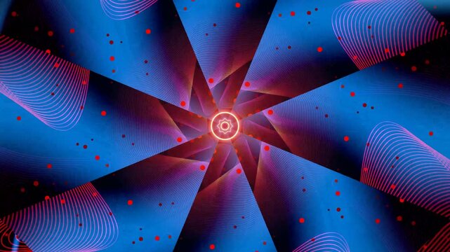 A vibrant, abstract digital art piece featuring a symmetrical starburst pattern in blue and red with radiating lines and glowing center.
