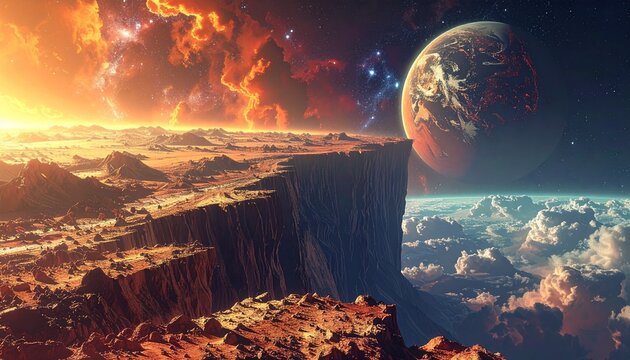 superficie rocciosa di un pianeta di fantasia, visto dall'esterno della sua atmosfera, divisa in parti da grandi canyon. pianeti, nebulose e stelle nello spazio cosmico sullo sfondo