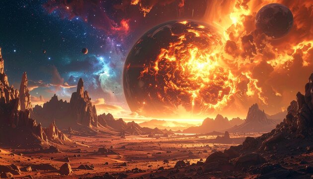 concetto di caos e distruzione nell'universo, illustrazione 3d, pianeti ed asteroidi che collidono l'uno contro e che esplodono in un ambiente di fantasia