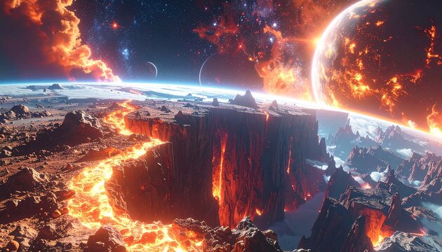 concetto di caos e distruzione nell'universo, illustrazione 3d, pianeti ed asteroidi che collidono l'uno contro e che esplodono in un ambiente di fantasia