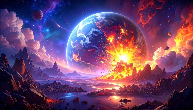 concetto di caos e distruzione nell'universo, illustrazione 3d, pianeti ed asteroidi che collidono l'uno contro e che esplodono in un ambiente di fantasia
