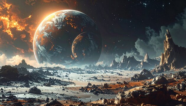 illustrazione 3D della superficie rocciosa e desolata di un pianeta di fantasia con spazio cosmico, nebulose, stelle e pianeti sullo sfondo