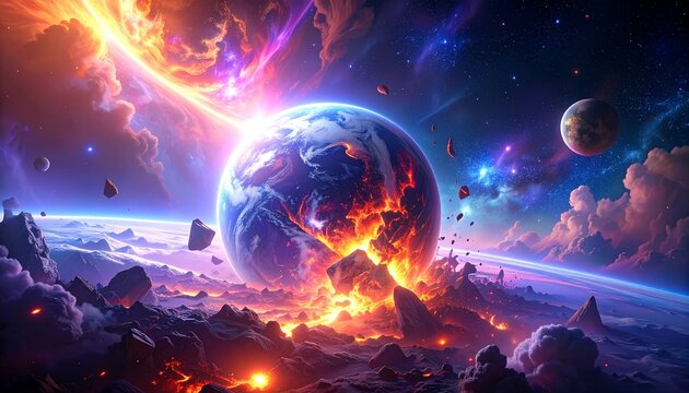 concetto di caos e distruzione nell'universo, illustrazione 3d, pianeti ed asteroidi che collidono l'uno contro e che esplodono in un ambiente di fantasia