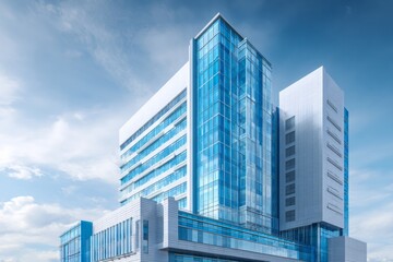 Fototapeta premium Modern corporate high rise structure reflects bright blue sky and white clouds