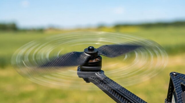 Close-up of Spinning Drone Propeller in Outdoor Landscape Setting