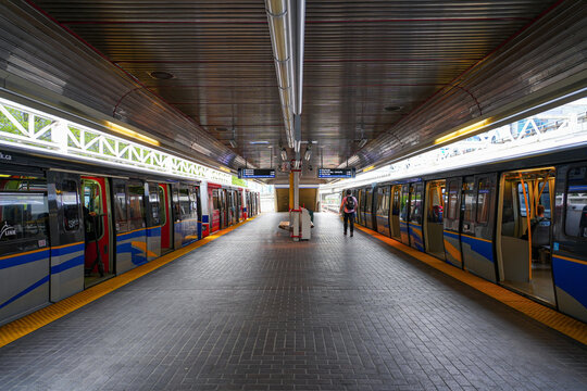 Platform of the Vancouver SkyTrain, a medium-capacity rapid transit system using fully automated trains in British Columbia, Canada