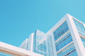 Obraz premium Modern corporate architecture features clean white lines against a bright cyan sky