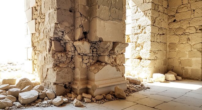 A close-up view of a damaged stone column in an ancient ruined building with crumbling walls and scattered rocks on the floor.