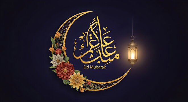 Eid mubarak calligraphy with flowers and lantern on navy blue festive background