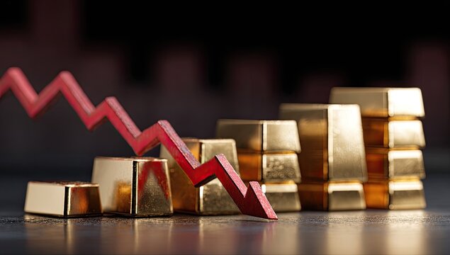 Gold Bars Stacked With Downward Trending Red Arrow Symbolizing Financial Decline.