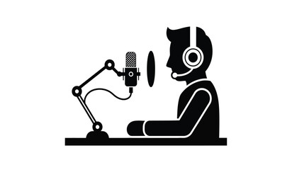 A black silhouette icon of a podcaster speaking into a professional microphone on a boom arm stand © rsvect02