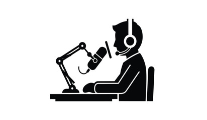 A silhouette icon of a radio show host speaking into a boom arm microphone while wearing headset © rsvect02