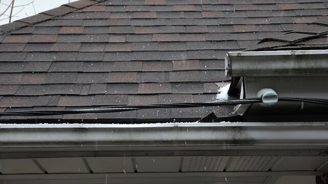 Slow motion ice pellets falling on roof. Winter in Toronto, Canada. HD.
