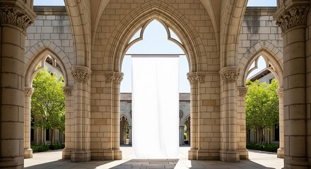 Obraz premium A serene courtyard with a large fountain surrounded by Gothic arches and columns in a historic stone building