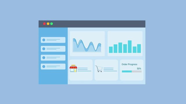 Animated data analytics dashboard interface with charts, graphs, and system alert indicator. Flat vector motion design representing monitoring, warning signals, and digital business analytics panel.